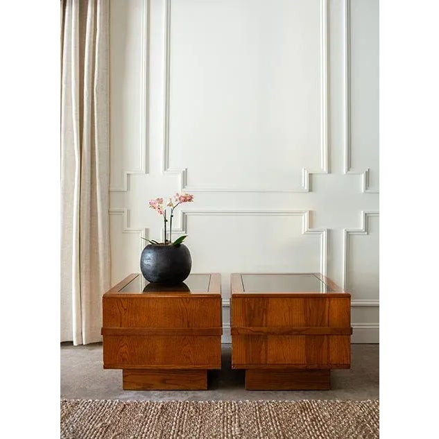 Wood Vintage 1970s Monumental Pedestal Side Tables With Cane and Smoked Glass Top, Pair For Sale - Image 7 of 8