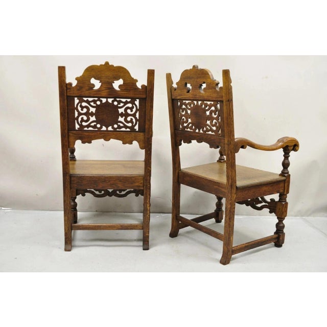 Antique Vanleigh Carved Oak Italian Renaissance Style Throne Arm Chairs - A Pair For Sale - Image 10 of 12