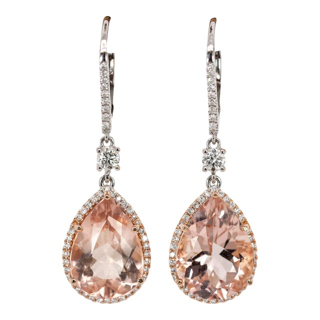 14x10mm, 10cts - Peach Morganite Earrings W Natural Diamonds in Solid 14k Gold- Set of 2 For Sale