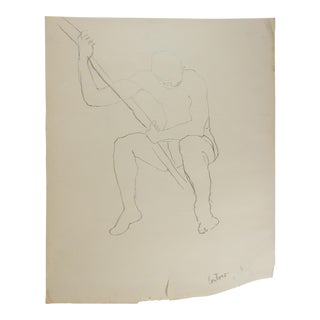 Vintage 1950s Charcoal Study Seated Male Figure Drawing For Sale