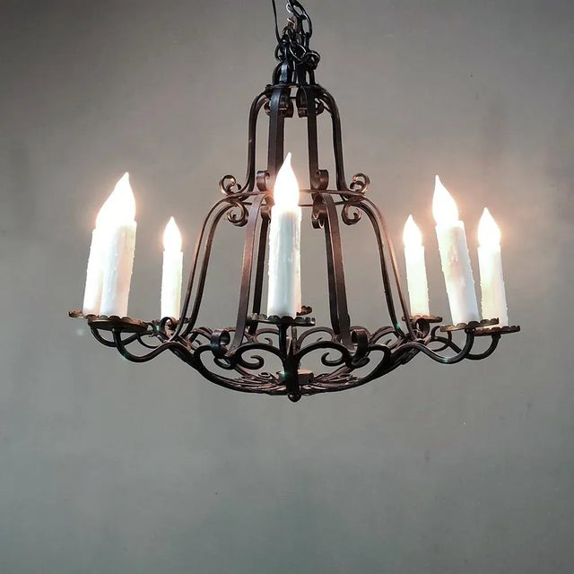 French Provincial Antique Country French Wrought Iron Chandelier For Sale - Image 3 of 12