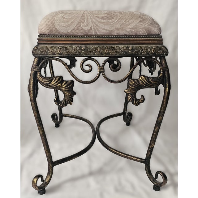 1990s Vintage Bronze Scrollwork Vanity Bench With Cream Jacquard Upholstery For Sale - Image 5 of 18