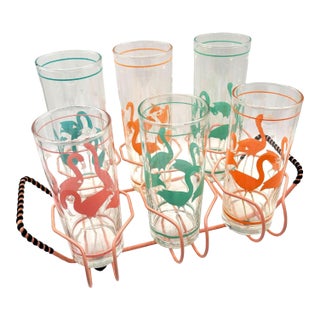 1950s Mid-Century Modern Pink Wire Frame Drinks Tray W/ Six Highball Flamingo Glasses For Sale