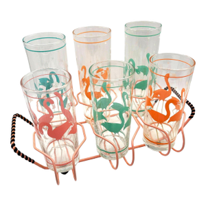 1950s Mid-Century Modern Pink Wire Frame Drinks Tray W/ Six Highball Flamingo Glasses