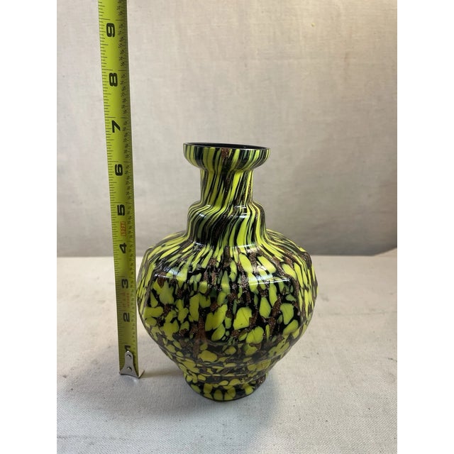 Vinatge Murano Style Hand Blown Yellow Black Spatter Design Art Glass Vase For Sale - Image 4 of 4