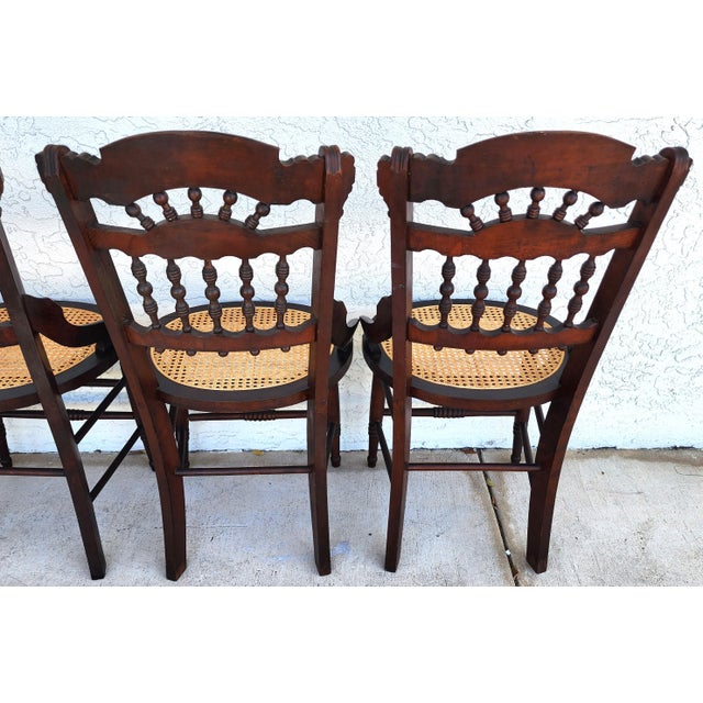 Brown Antique Eastlake Victorian Style Walnut Cane Seat Side Dining Chairs Set of 4 For Sale - Image 8 of 13