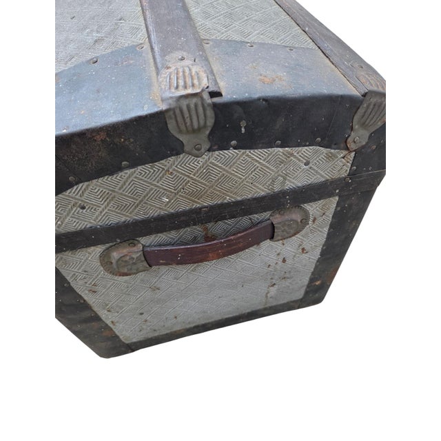 Brown Antique Fitted Embossed Tin Dome Top Humpback Steamer Travel Trunk Chest For Sale - Image 8 of 18