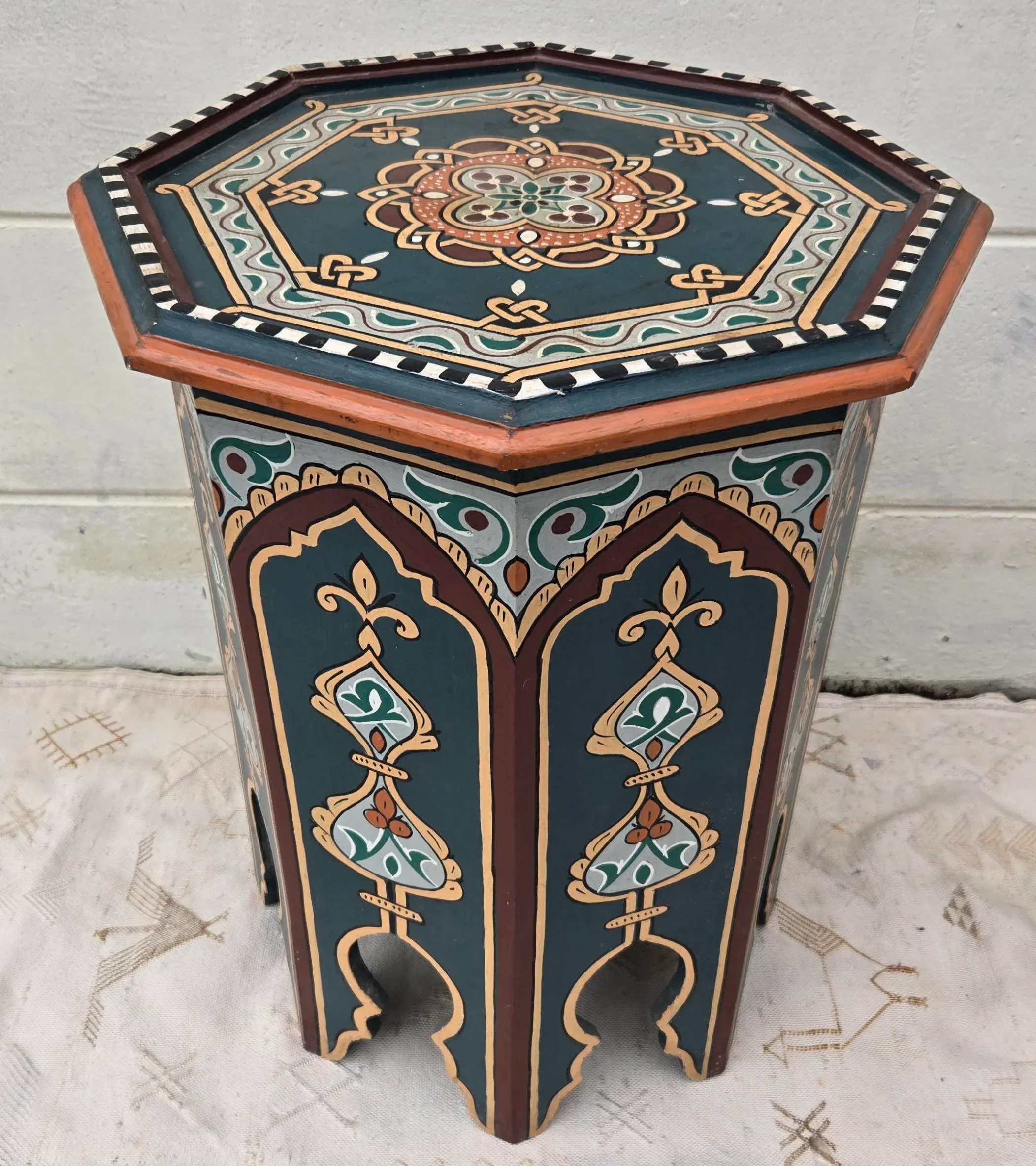 Moroccan Hexagonal Hand Painted Wooden Side Table / Cerulean Zouak