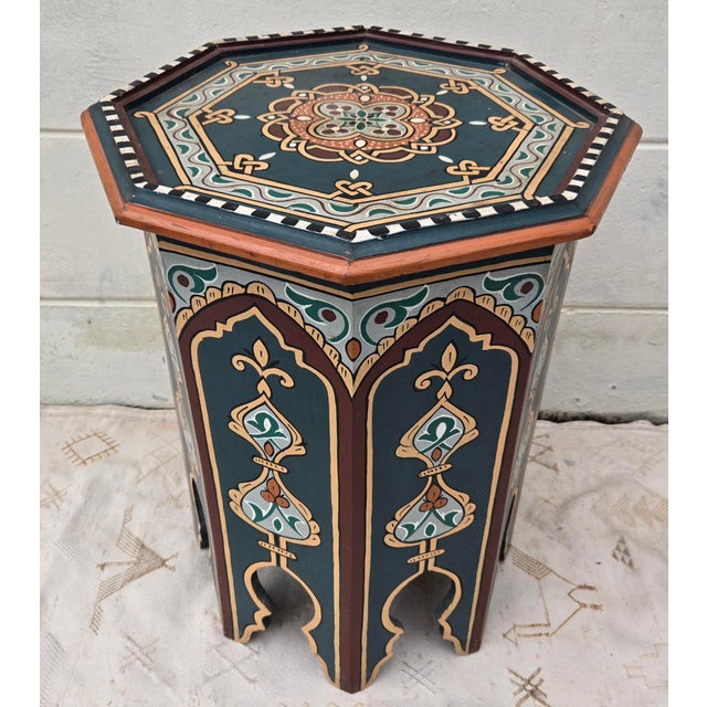 Moroccan Moroccan Hexagonal Hand Painted Wooden Side Table / Cerulean Zouak For Sale - Image 3 of 6