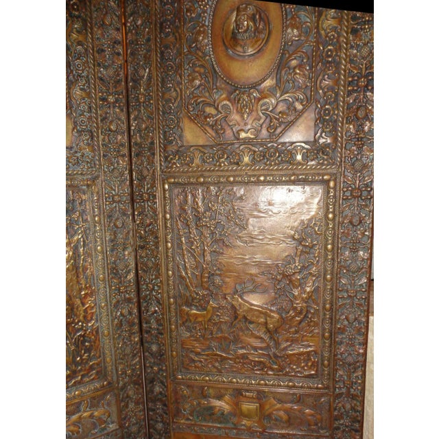 Metal Folding Screen - Tudor Revival Style Brass Repousse For Sale - Image 7 of 9