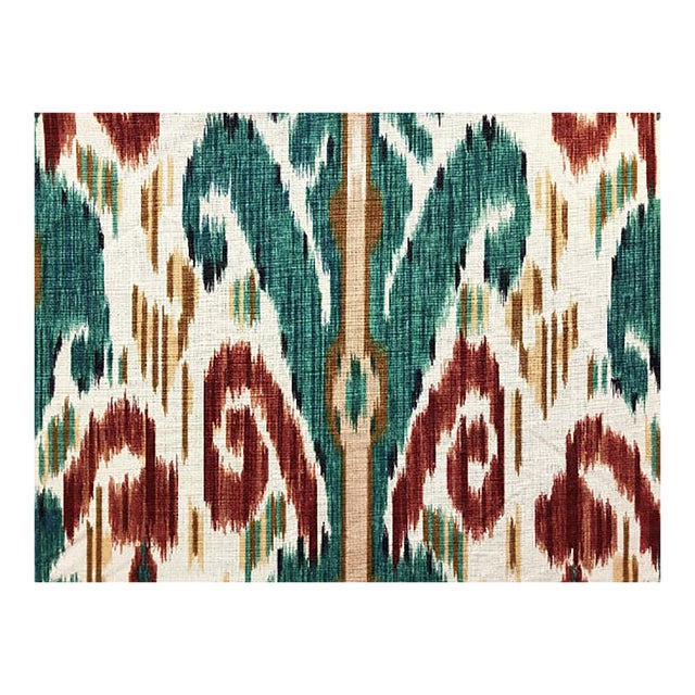 1991 Vintage Lee Jofa Pardah Cotton Linen Nylon Emerald Green Teal Rusty Red Mustard Beige Ikat Ethnic Upholstery Drapery Fabric For Sale