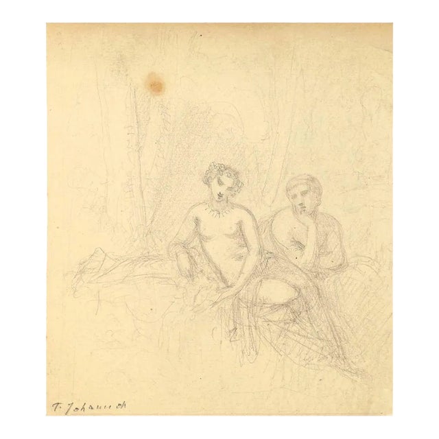 Naked Couple - Pencil on Paper by T. Johannot - Mid 19th Century Mid 19th Century For Sale