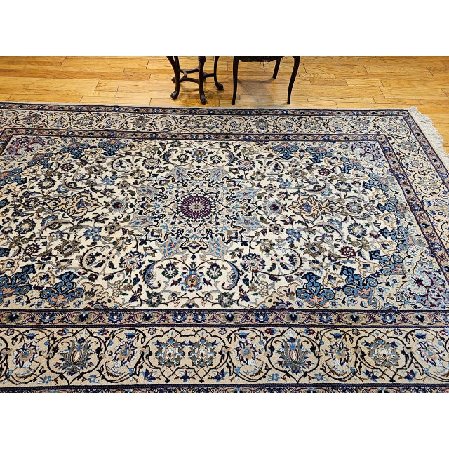 Vintage Persian Nain Area Rug, Hand-Knotted Wool & Silk, Floral Pattern, 7x11, Ivory & Blue For Sale - Image 12 of 12