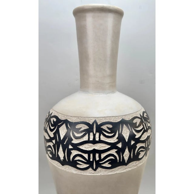 Monumental Boho Chic Moroccan Off White & Black Pottery Floor Vase or Urn For Sale - Image 4 of 9