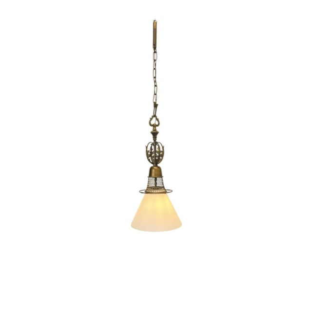 Goldenrod Vintage Brass and Opaline Pendant Lamp, 1940s For Sale - Image 8 of 9