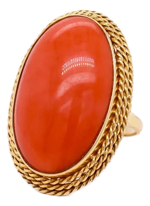 Mid-Century 18k Gold & 24.5 Ct Japanese Red/Orange Coral Cabochon Cocktail Ring