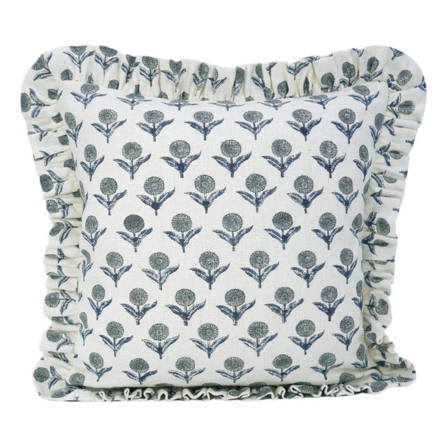 Fabdivine Indian Block Print Frill Cushion Cover Blue 14x36 Inch Off-White Linen- Gendapushp For Sale