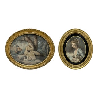 Antique Regency George Morland Hand Colored Stipple Engraving Lady Gilt Frame - Set of 2 For Sale