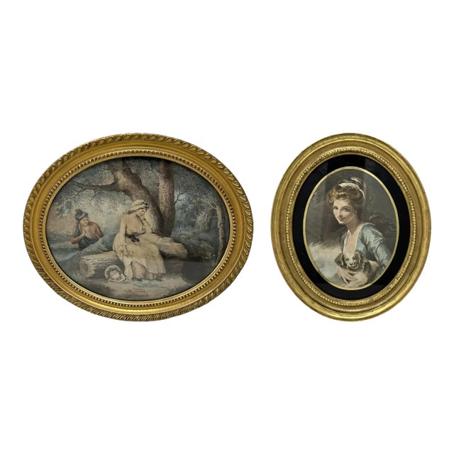 Antique Regency George Morland Hand Colored Stipple Engraving Lady Gilt Frame - Set of 2 For Sale