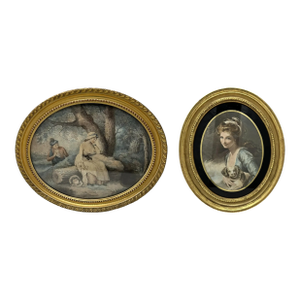 Antique Regency George Morland Hand Colored Stipple Engraving Lady Gilt Frame - Set of 2