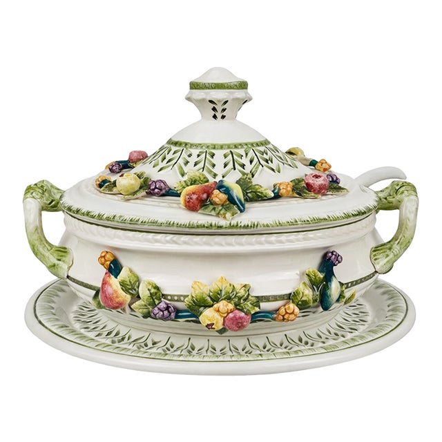 Vintage Italian Majolica Tureen With Underplate and Ladle - 3 Pieces For Sale