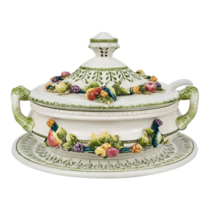 Vintage Italian Majolica Tureen With Underplate and Ladle - 3 Pieces