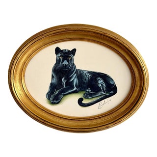 Original Hand-Painted Panther Painting in a Vintage Oval Frame For Sale