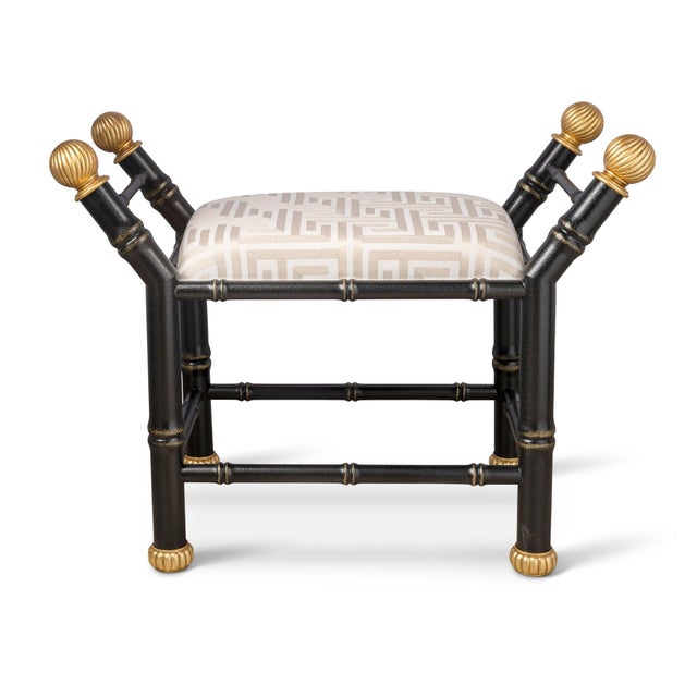 Hollywood Regency Boca Black Paros Greek Key Bamboo Bench For Sale - Image 3 of 6