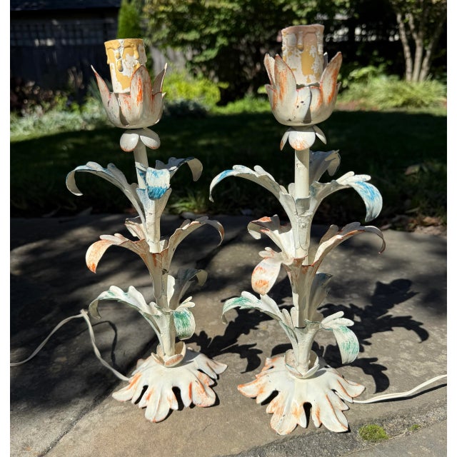 Very pretty pair of diminutive floral Italian style toleware lamps. Floral design in white enameled metal and colorful...