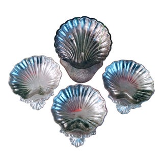 Set of 4 Silver Tone Stainless Clam Shell Catchall Trays For Sale