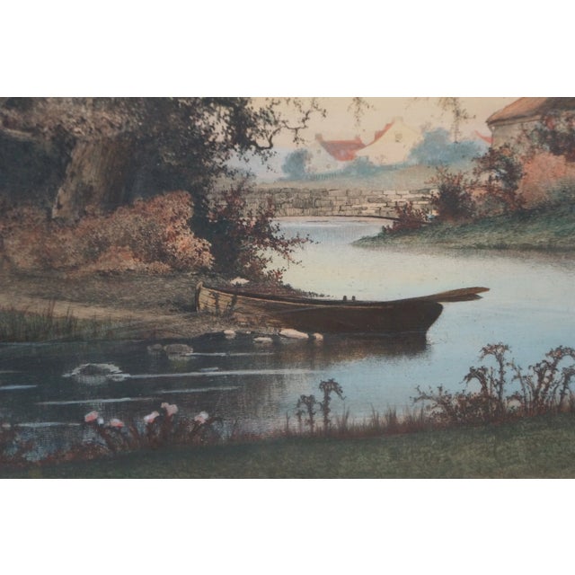 Blue Antique Ernest Christian Rost Country Farmhouse River Canoe Landscape Etching For Sale - Image 8 of 9