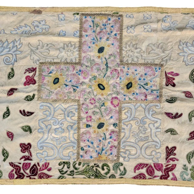 Italian Hand Made Applique Alter Cloth Over Linen. The cross is sewn in the middle of the cloth. The flowers around and in...