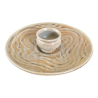 Vintage Studio Pottery Serving Platter With Attached Dip Bowl For Sale