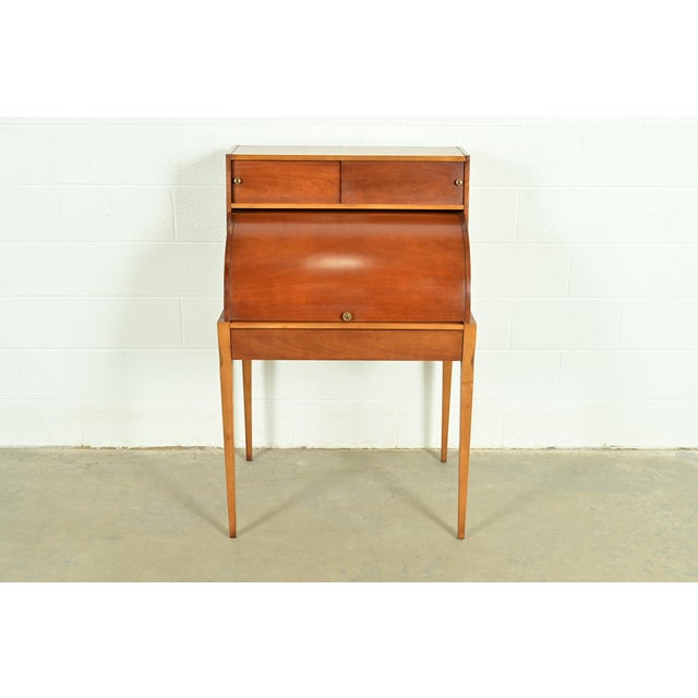 Mid-Century Modern John Van Koert for Drexel Mid-Century Modern Sculpted Cherry Wood Roll Top Desk, 1959 For Sale - Image 3 of 18