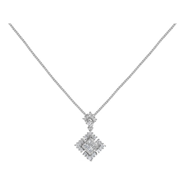 10K White Gold Princess Cut Diamond Geometric Pendant Necklace For Sale