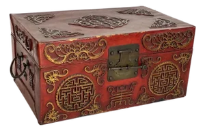Chinese Qing Red Lacquer, Parcel Gilt and Leather Box