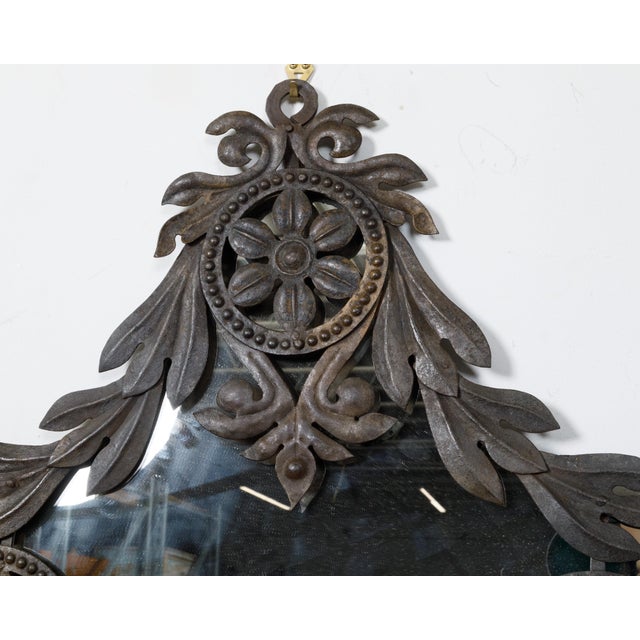 Metal Spanish 19th Century Metal Wall Mirror with Rosettes, Foliage and Dark Patina For Sale - Image 7 of 12