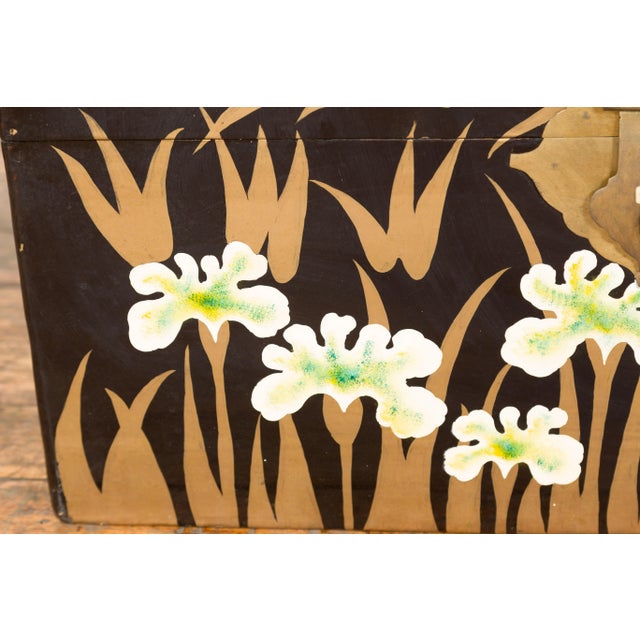 Japanese Late Meiji Period Black Lacquer Blanket Chest with Golden Painted Décor For Sale - Image 10 of 13