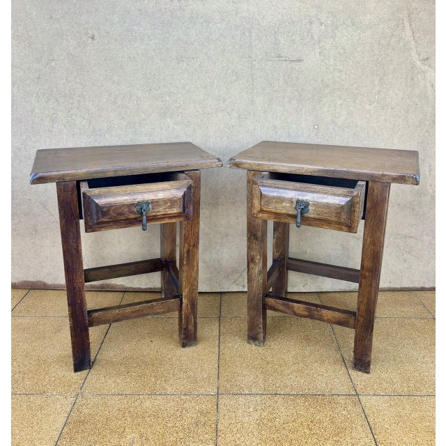 Wood Spanish Chestnut Nightstands with Drawers, 1910, Set of 2 For Sale - Image 7 of 9