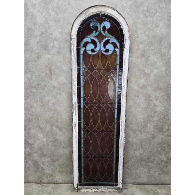 Antique Gothic Arched Stained & Leaded Glass Church Window Architectural Salvage Elegant antique Gothic Revival stained...