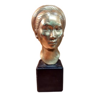 1960s Vietnamese Artist Nguyen Thanh Le Brass Bust of a Young Woman For Sale