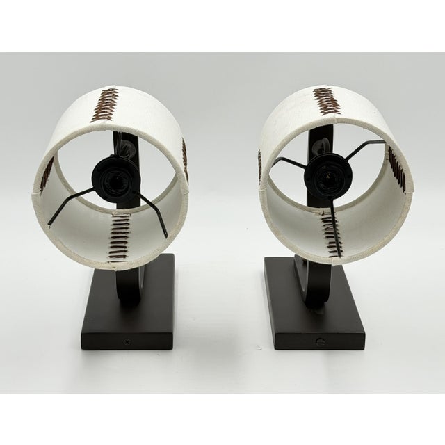 Paul Marra Bronze Finish Wall Sconces With Hand-Stitched Linen Shades - a Pair For Sale - Image 10 of 18