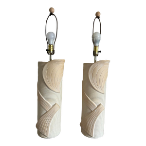 Vintage 1970’s Pair of Ceramic Textured Cylinder Table Lamps by Ross