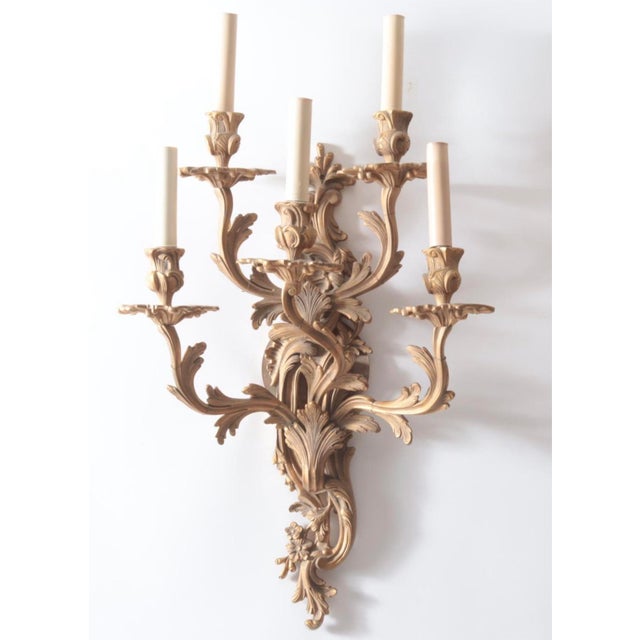 Late 19th Century Pair of French Louis XV Style Five-Light Gilt Brass Sconces For Sale - Image 5 of 9