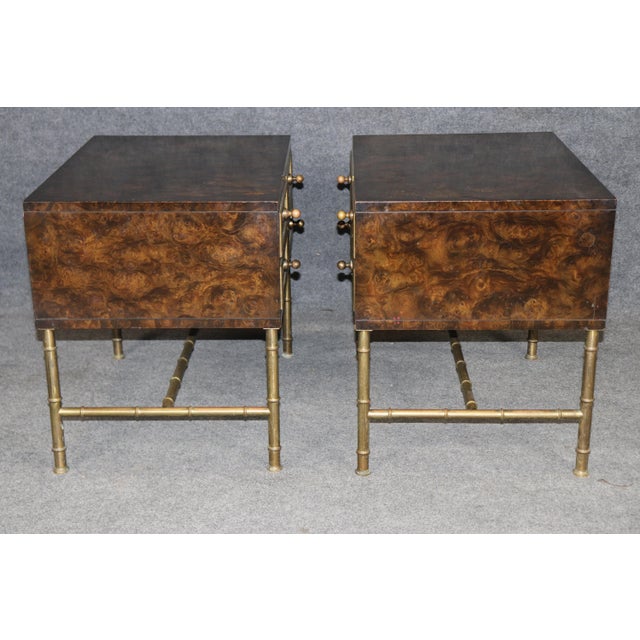 Pair of Regency Style Burl Wood & Brass Nightstands by Mastercraft For Sale In Philadelphia - Image 6 of 13