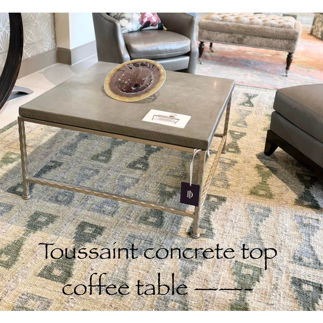 Hammered iron base in Champagne gold finish Concrete wave edge top - 1.5" - in dark grey -top is sealed 36" x 36" x 18" h...