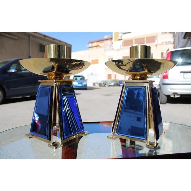 1950s Gold-Plated Brass & Mirrored Glass Candelabras In Bevelled Cobalt Blue, 1950s, Set of 2 For Sale - Image 5 of 12
