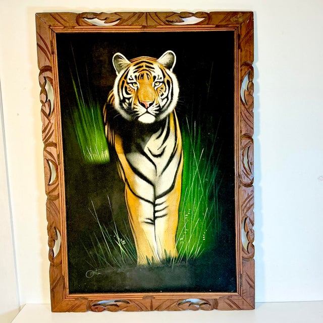 Mexican 1950s Vintage Boho Chic Mexican Safari Bengal Tiger Painting For Sale - Image 3 of 11