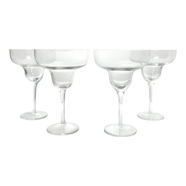 Contemporary Modern Minimalist Set of 4 Clear Glass Margarita Glasses For Sale