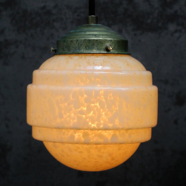 French “Clichy” yellow glass pendant lamp. Brass glass holder 2 meter black cotton flex E26 / E27 Up to 250V (Europe/UK...